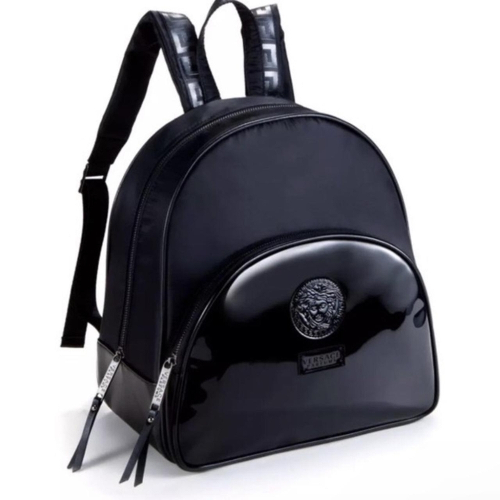Versace Parfum Medusa Head Black Faux Patent Leather Nylon Backpack